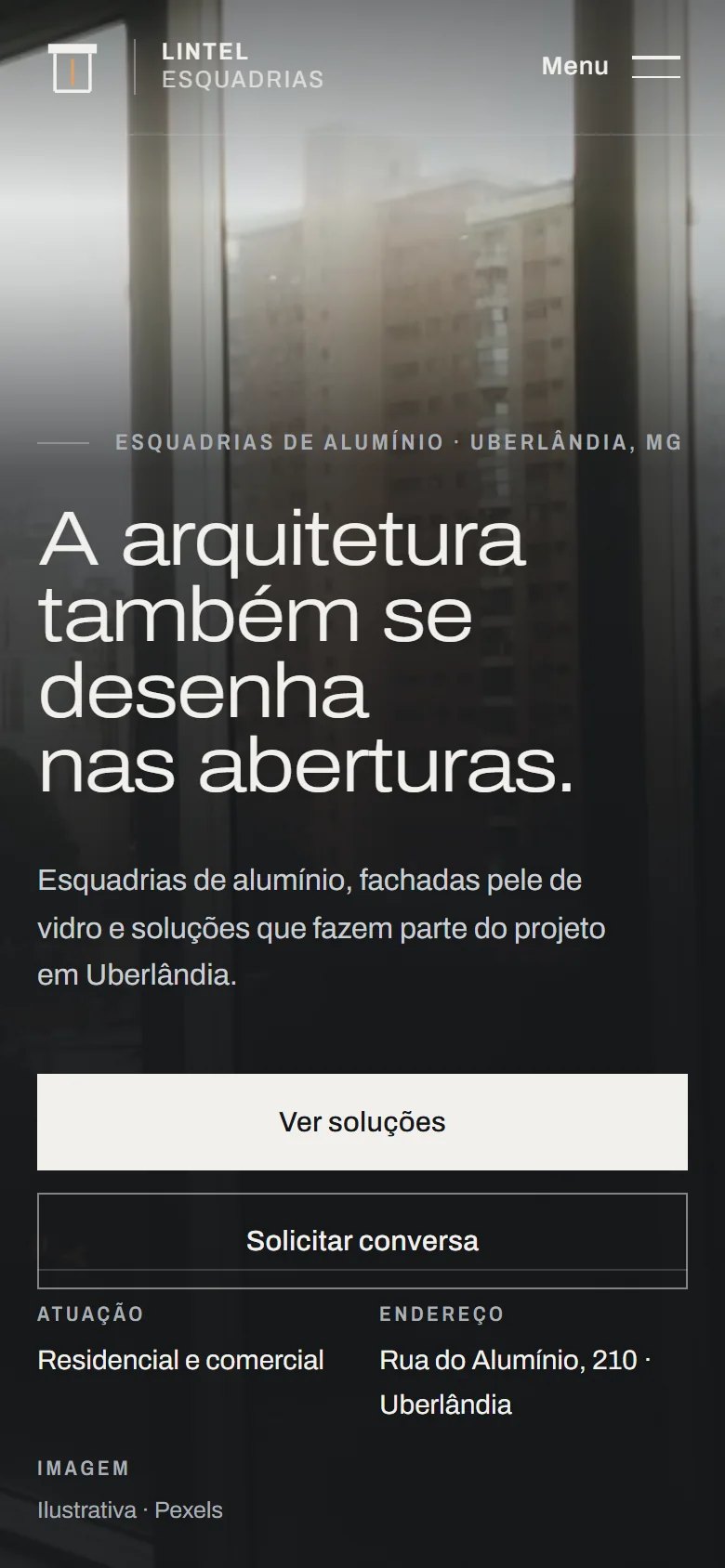 Primeira tela da Lintel no celular: "A arquitetura também se desenha nas aberturas."