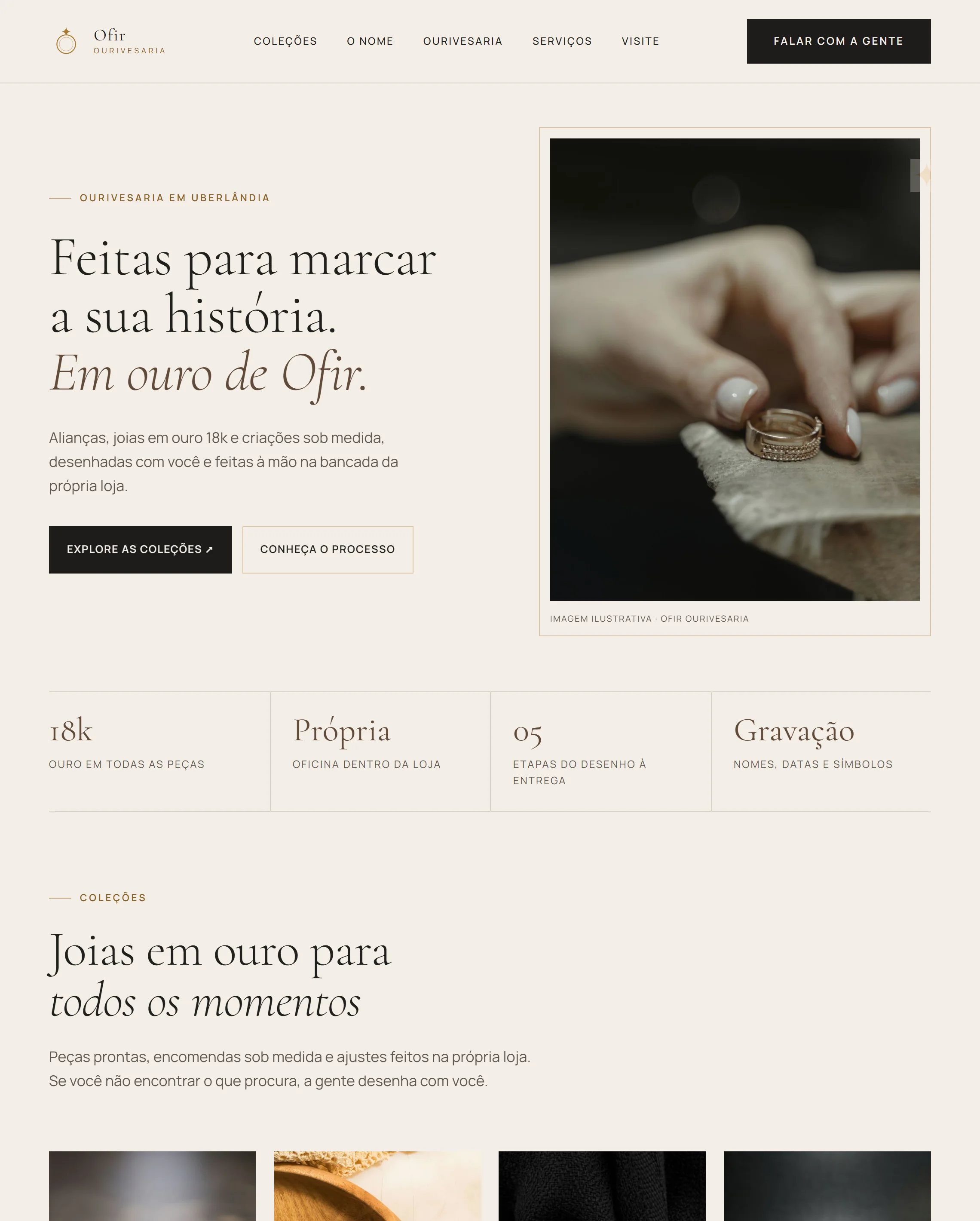 Primeira tela da Ofir: "Feitas para marcar a sua história. Em ouro de Ofir." ao lado de uma mão segurando um anel de ouro.
